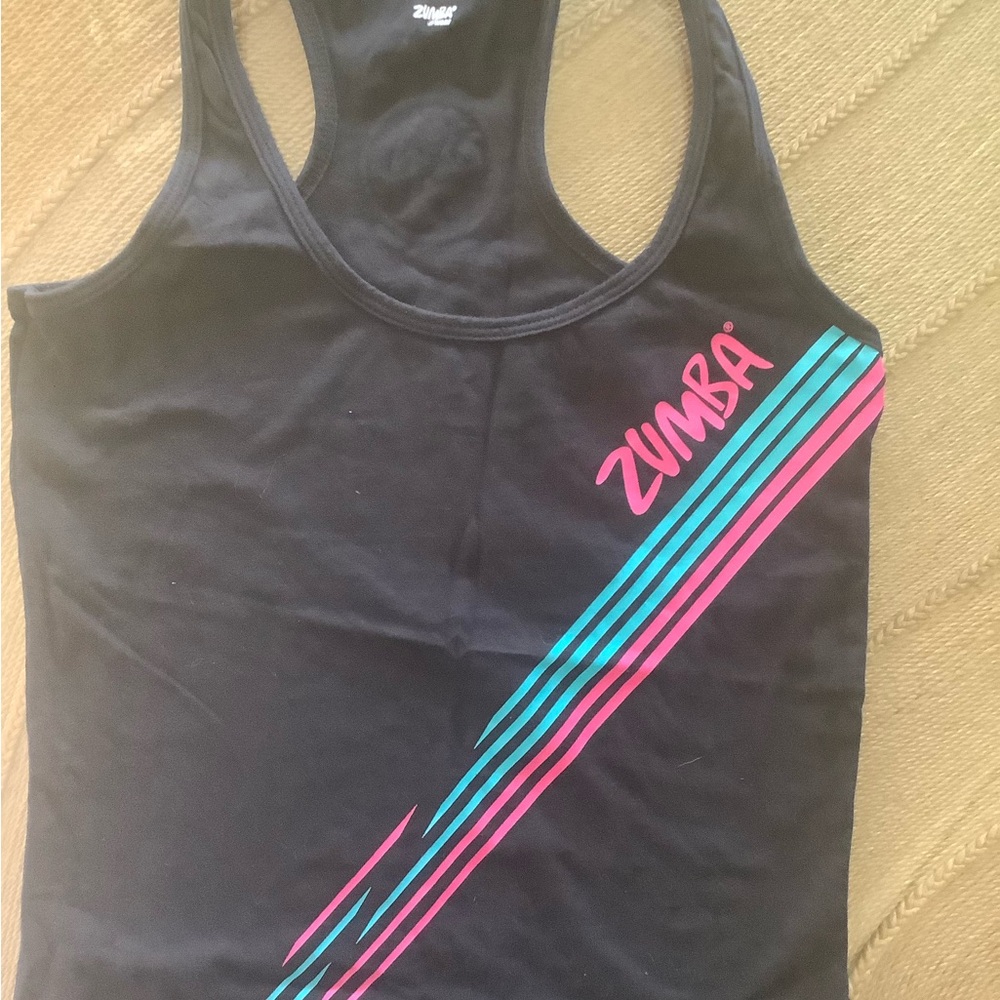 Zumba Fitness Black Tank with Pink and Teal Stripes